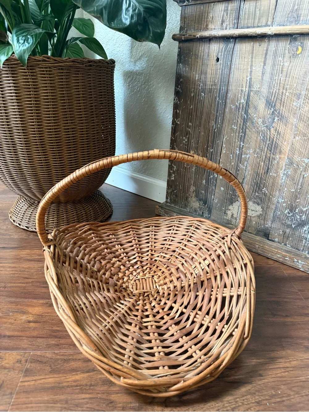 Large Mid Century French Style Flower Gathering Wicker Basket with Handle